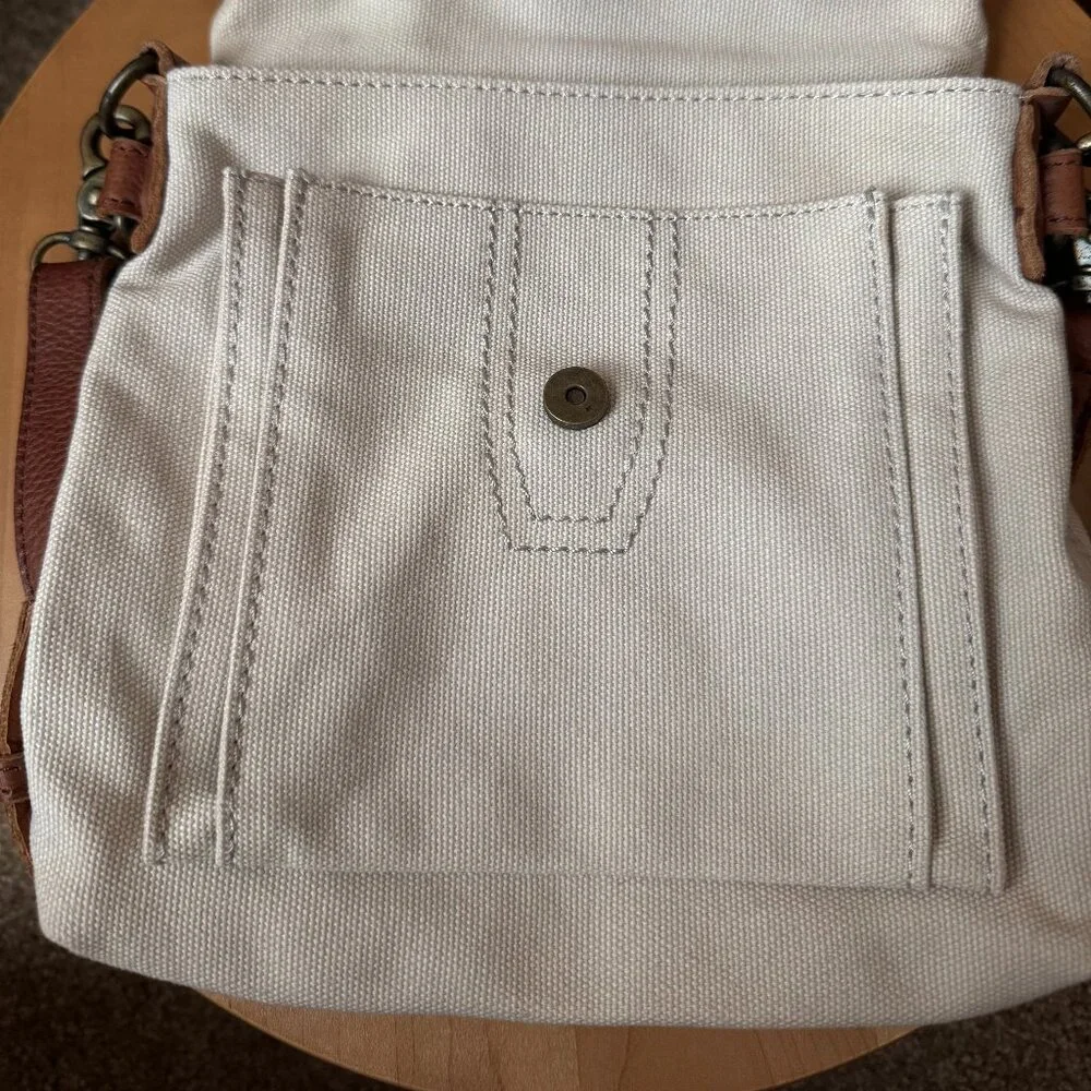 J. Jill Natural White Canvas w/Brown Leather Trim Crossbody Bag - Picture 7 of 15